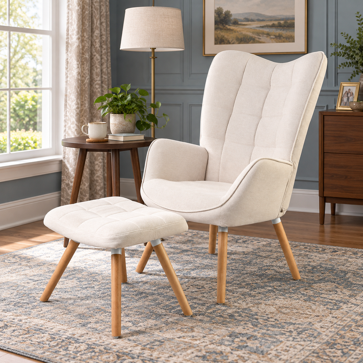 Harison Upholstered Wingback Accent Chair with Ottoman and Solid Beech Wood Legs