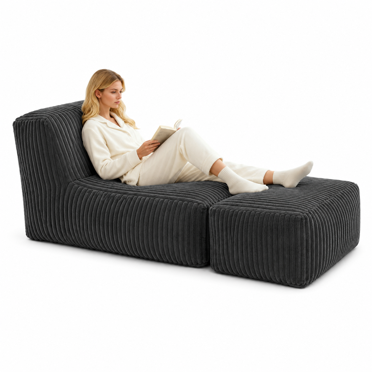 Stonebrook 63" Corduroy Modular Floor Lounger Chair with Ottoman