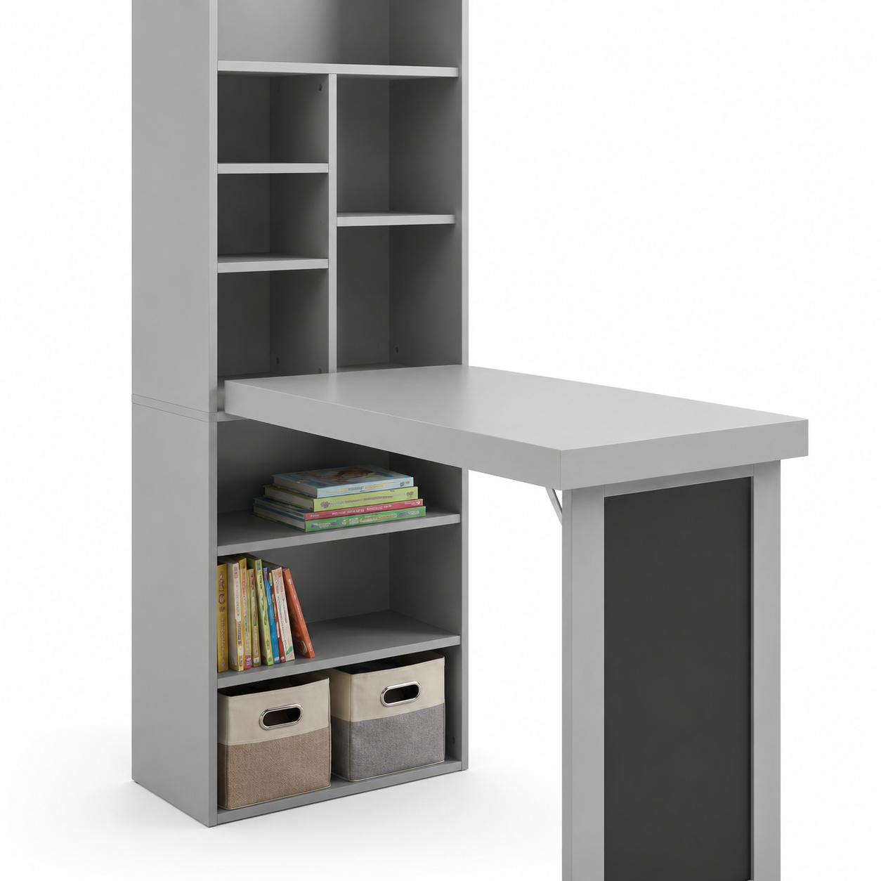 Aero Wall-Mounted Fold-Out Desk with Chalkboard Panel and 8 Open Shelves