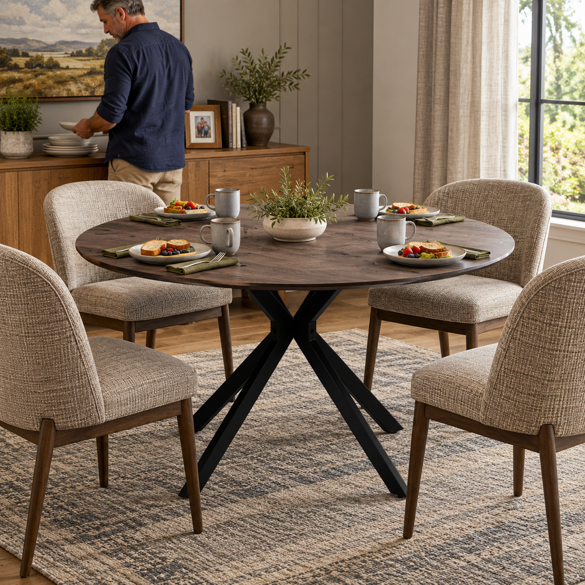 Kova 47" Round Dining Table with Textured Wood-Grain Top and Angled Metal Base