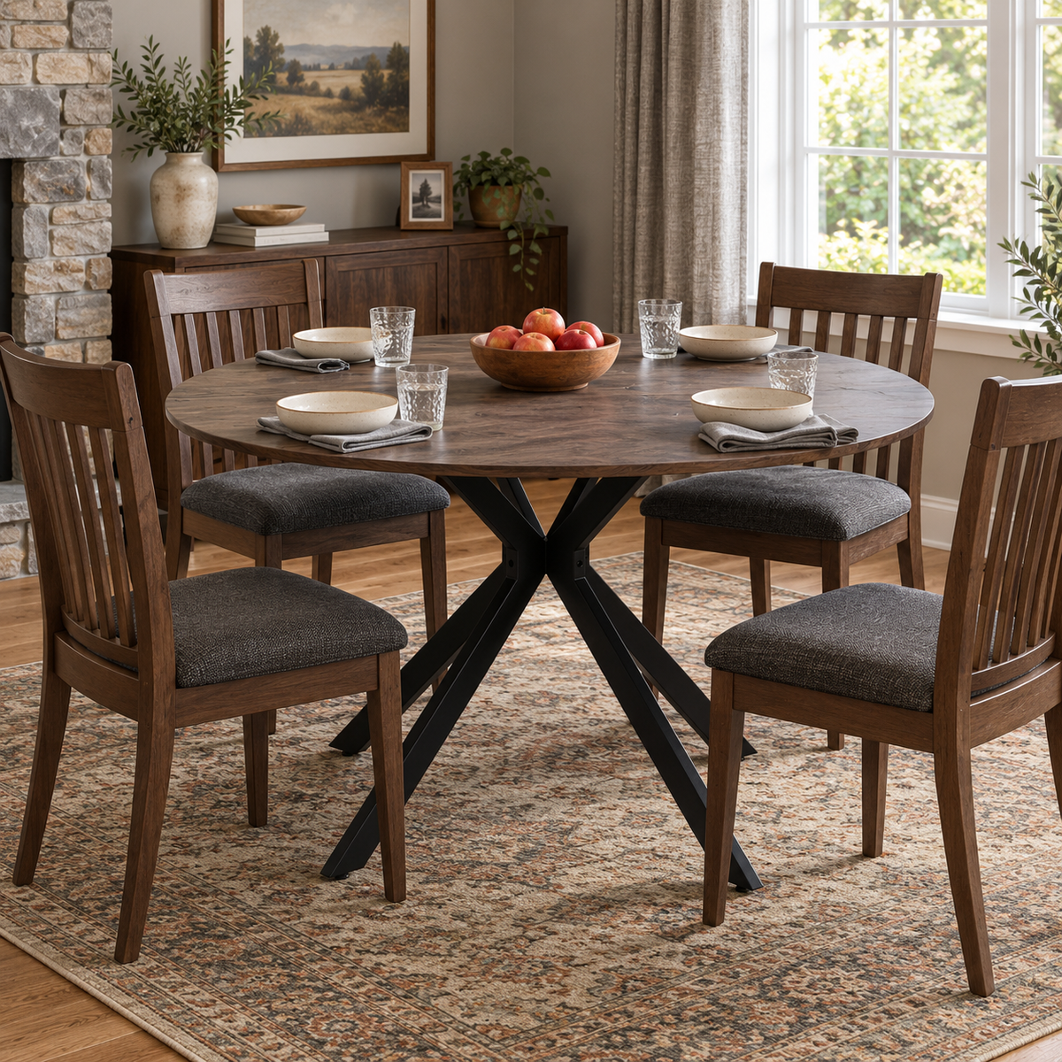 Kova 47" Round Dining Table with Textured Wood-Grain Top and Angled Metal Base