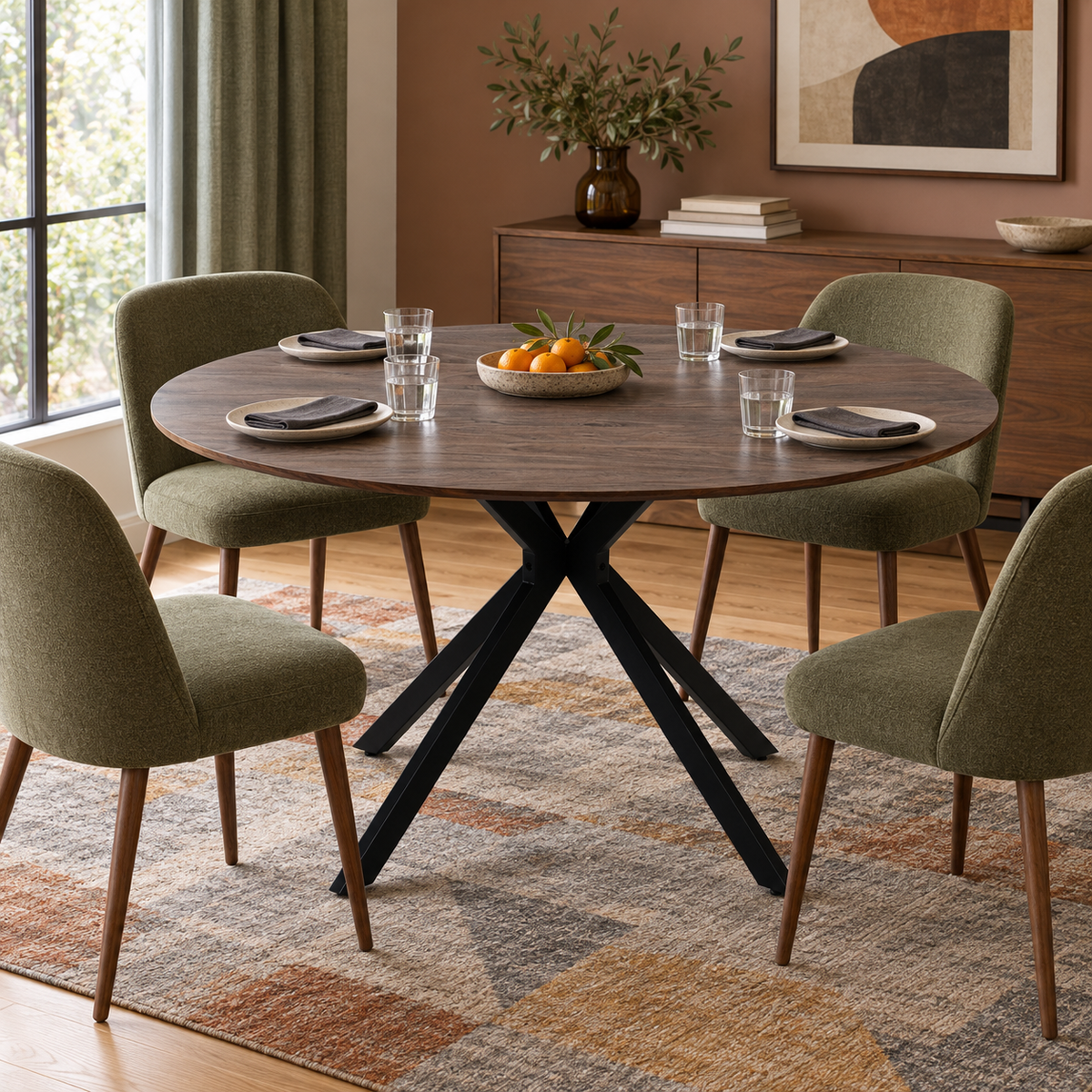 Kova 47" Round Dining Table with Textured Wood-Grain Top and Angled Metal Base