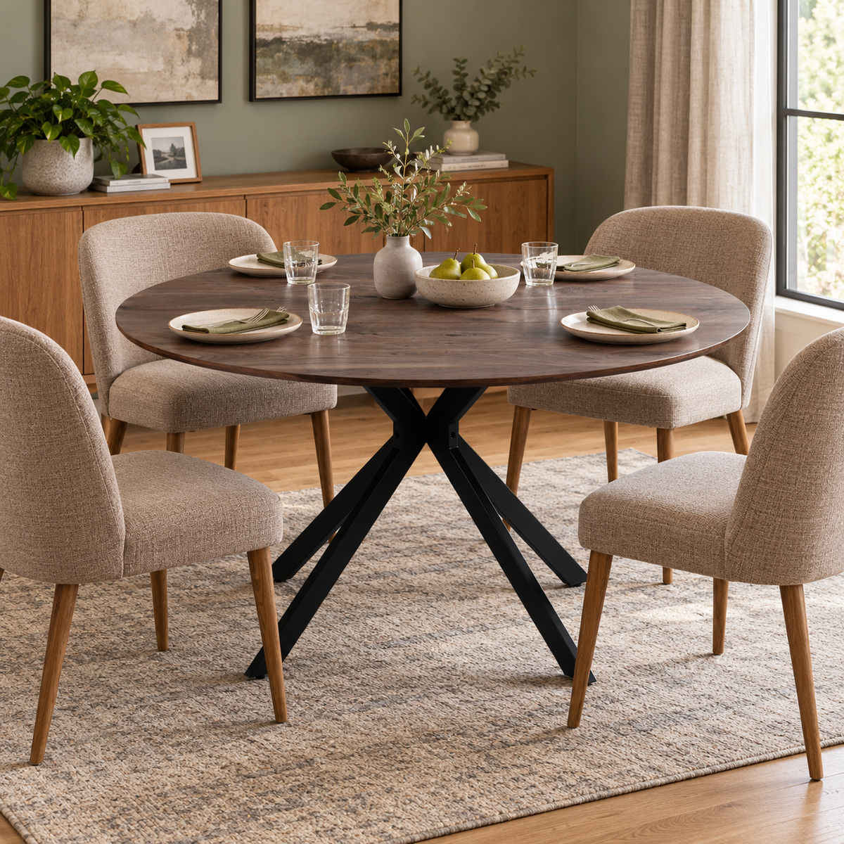 Kova 47" Round Dining Table with Textured Wood-Grain Top and Angled Metal Base