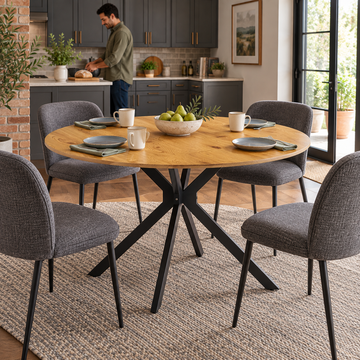 Kova 47" Round Dining Table with Textured Wood-Grain Top and Angled Metal Base