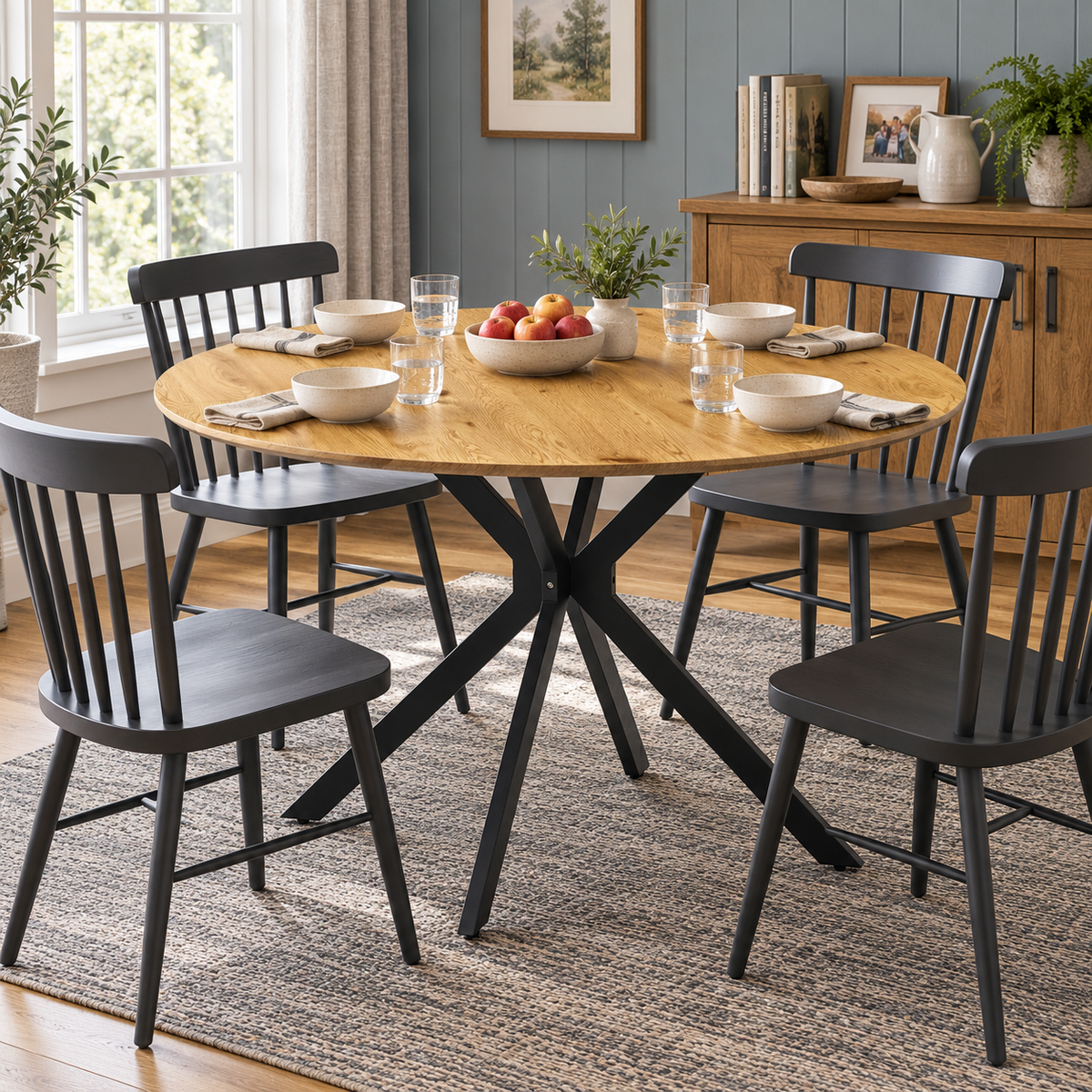 Kova 47" Round Dining Table with Textured Wood-Grain Top and Angled Metal Base