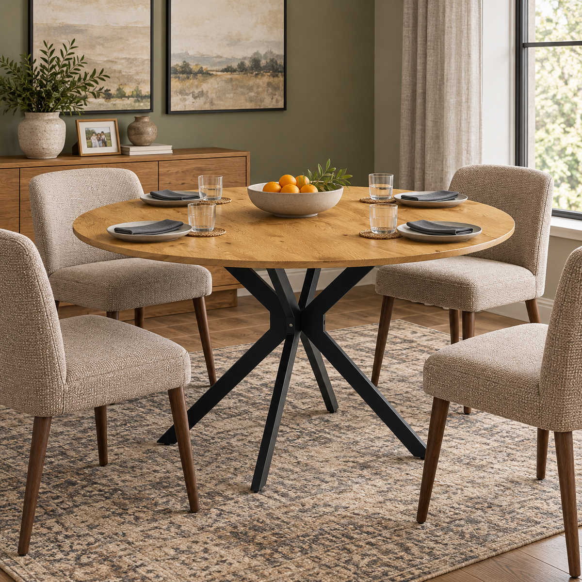 Kova 47" Round Dining Table with Textured Wood-Grain Top and Angled Metal Base