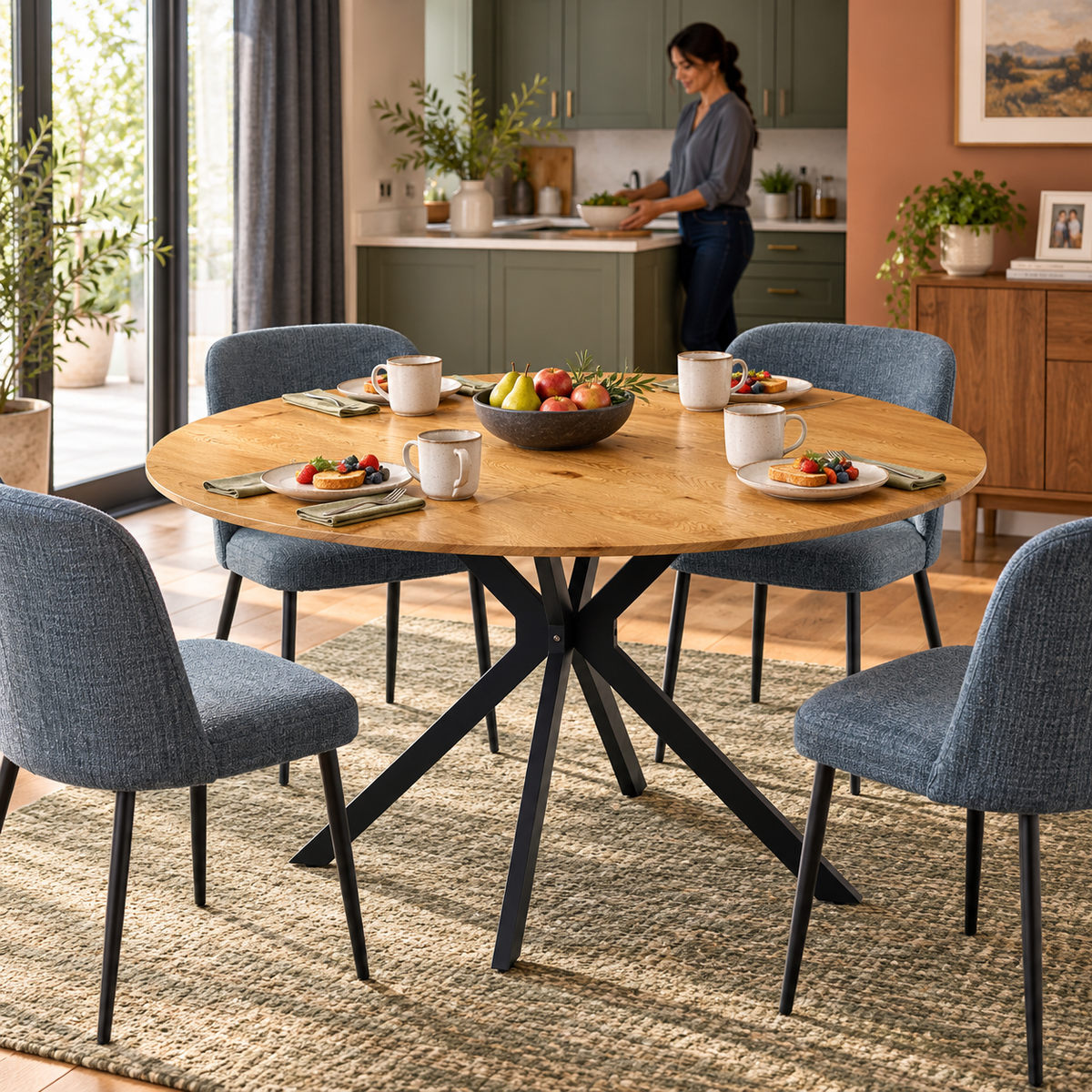 Kova 47" Round Dining Table with Textured Wood-Grain Top and Angled Metal Base