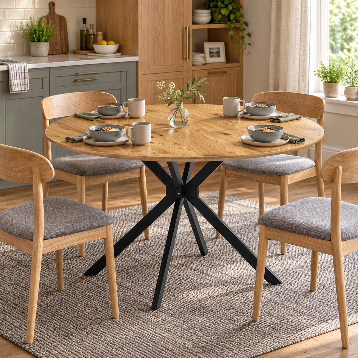 Kova 47" Round Dining Table with Textured Wood-Grain Top and Angled Metal Base