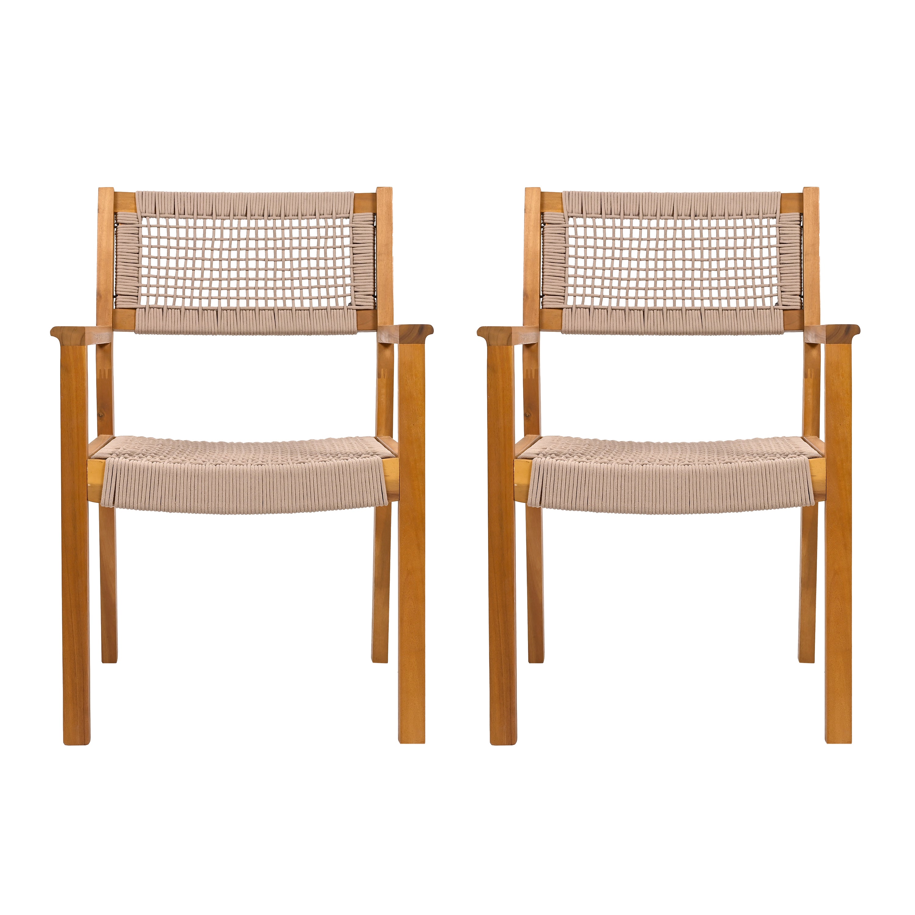 Aare Acacia Wood Dining Chairs with Woven Rope Seats and Arms Set of 2