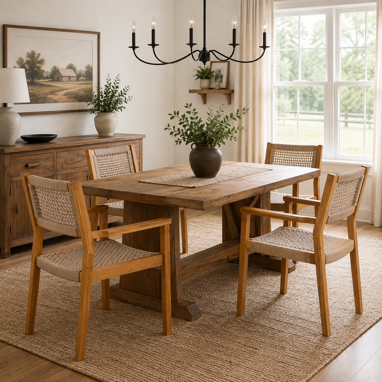 Aare Acacia Wood Dining Chairs with Woven Rope Seats and Arms Set of 2