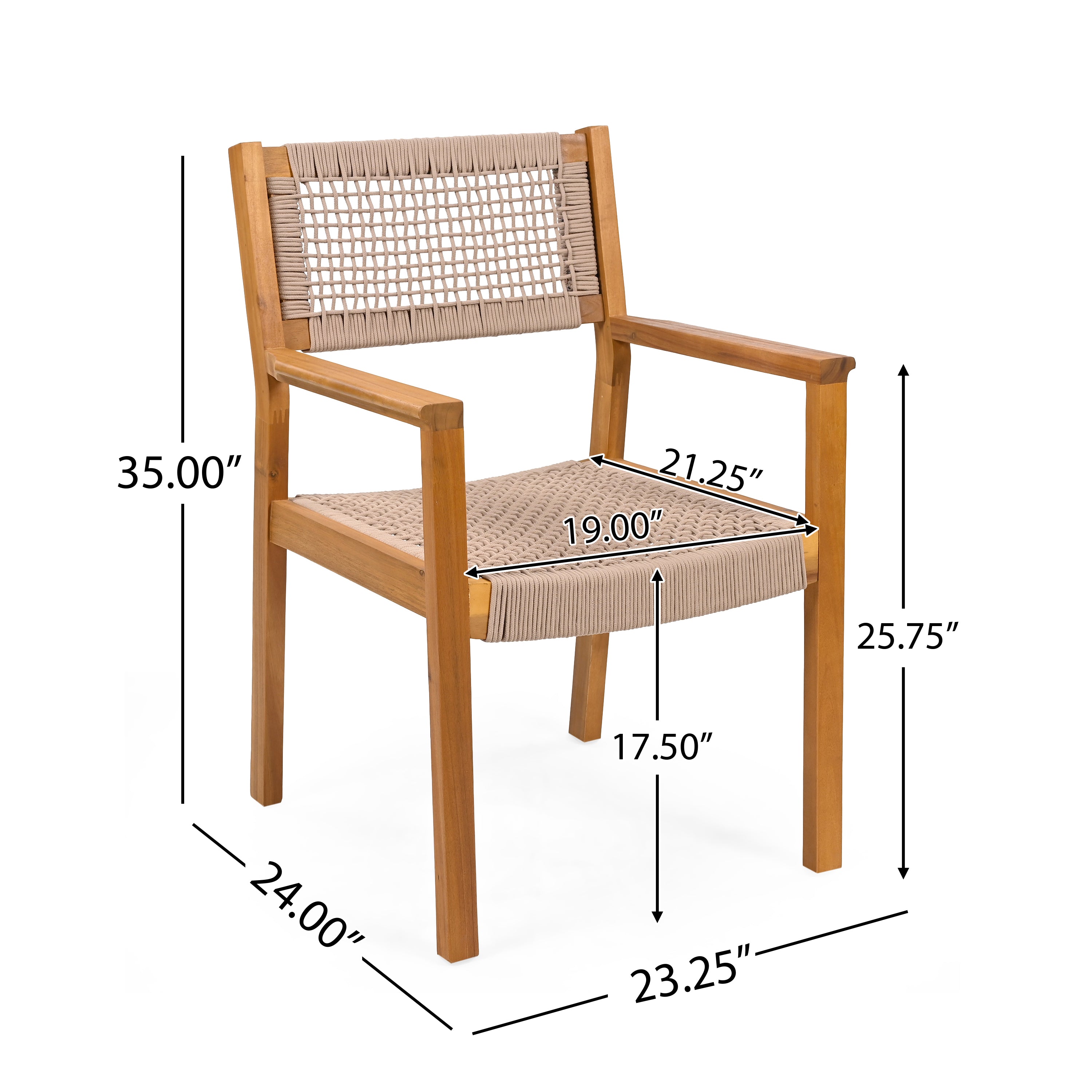 Aare Acacia Wood Dining Chairs with Woven Rope Seats and Arms Set of 2