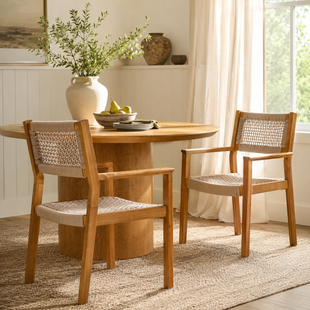 Aare Acacia Wood Dining Chairs with Woven Rope Seats and Arms Set of 2