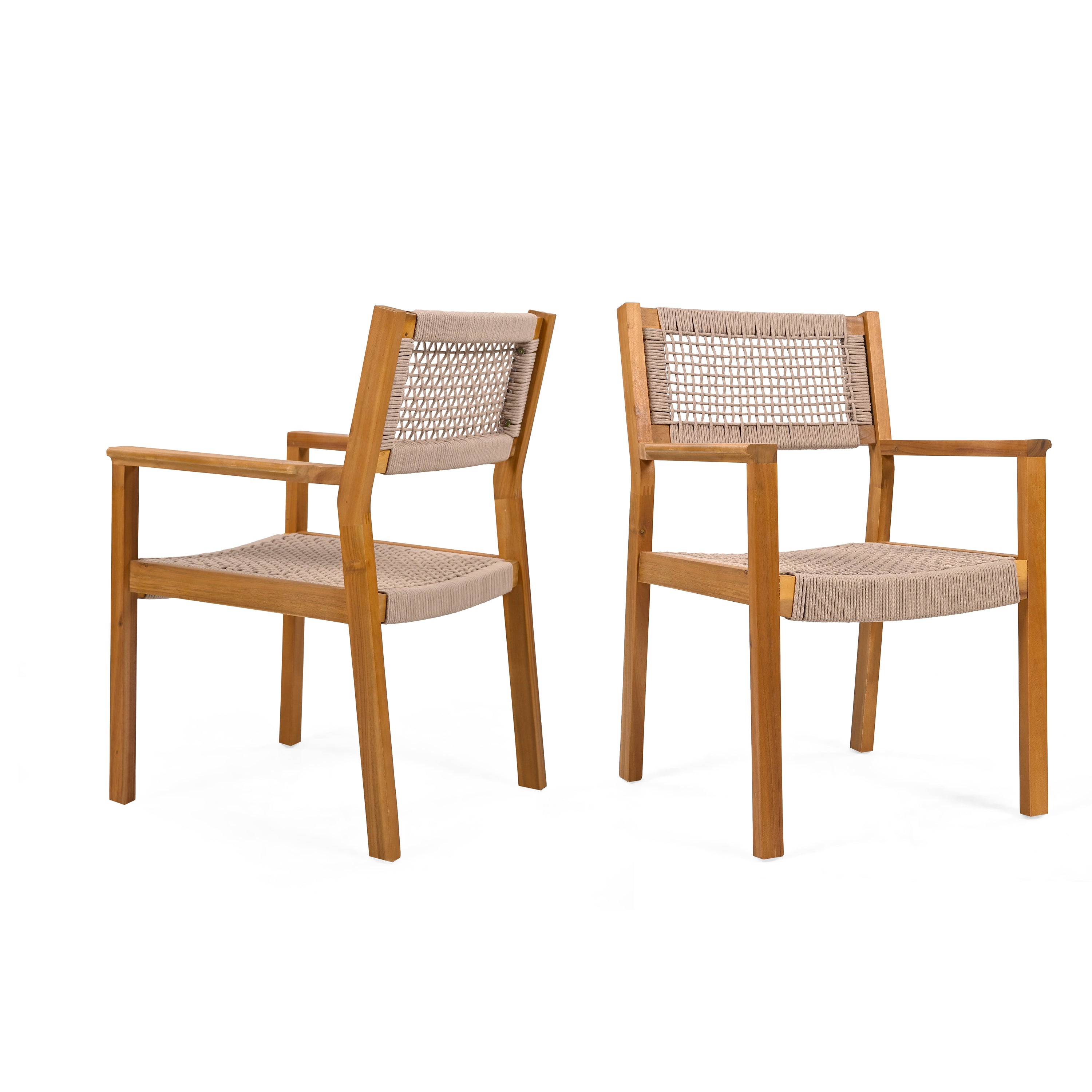 Aare Acacia Wood Dining Chairs with Woven Rope Seats and Arms Set of 2
