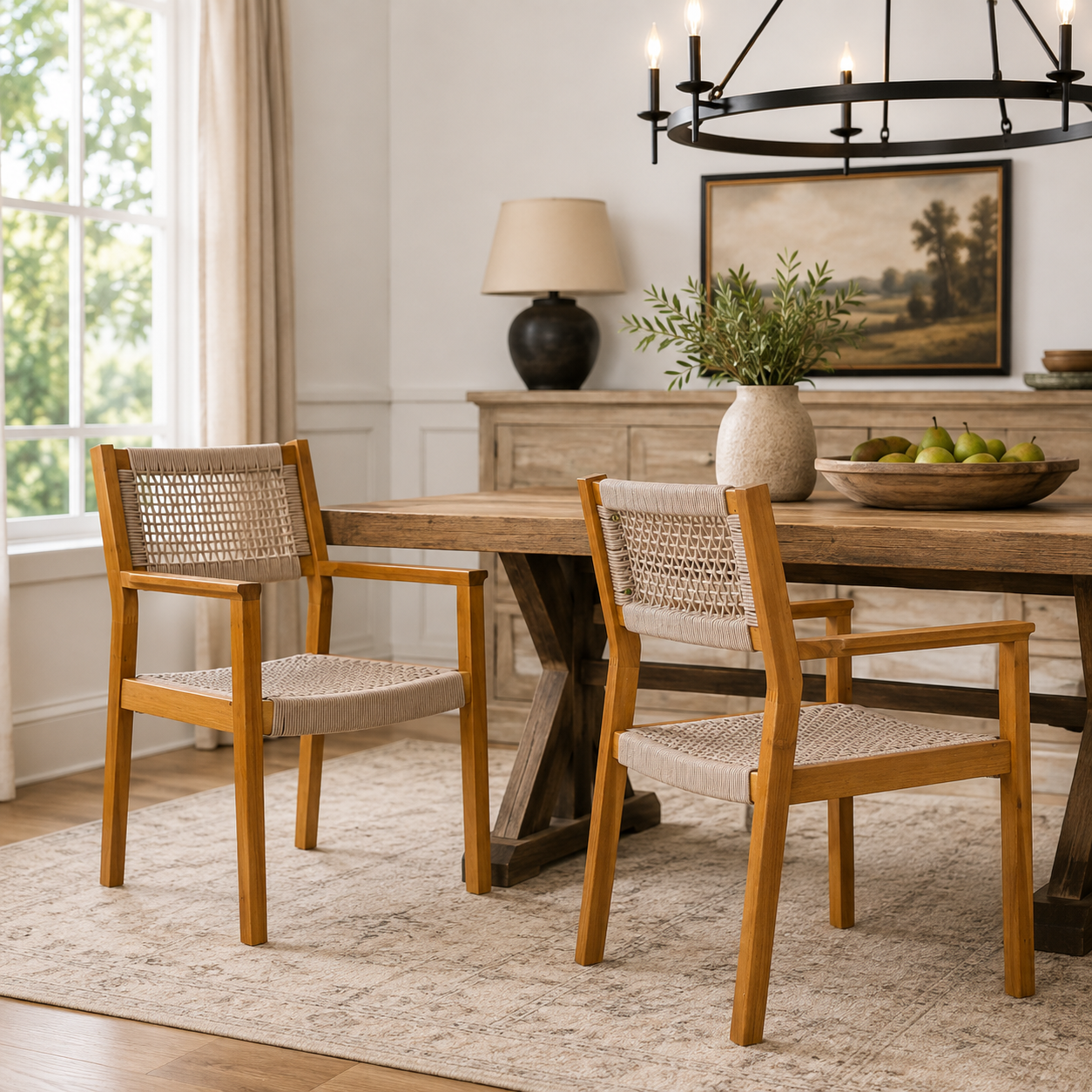 Aare Acacia Wood Dining Chairs with Woven Rope Seats and Arms Set of 2