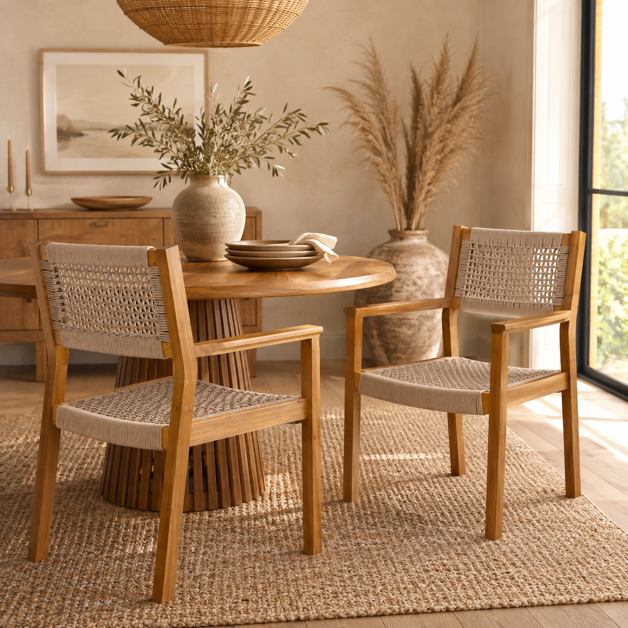 Aare Acacia Wood Dining Chairs with Woven Rope Seats and Arms Set of 2