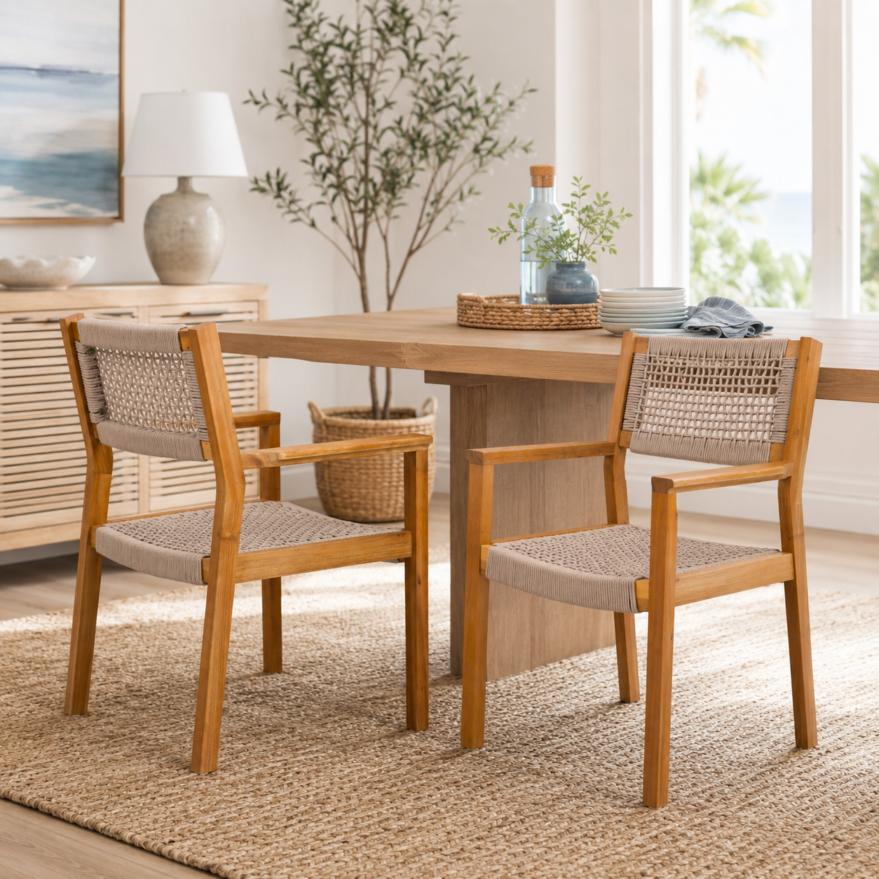 Aare Acacia Wood Dining Chairs with Woven Rope Seats and Arms Set of 2