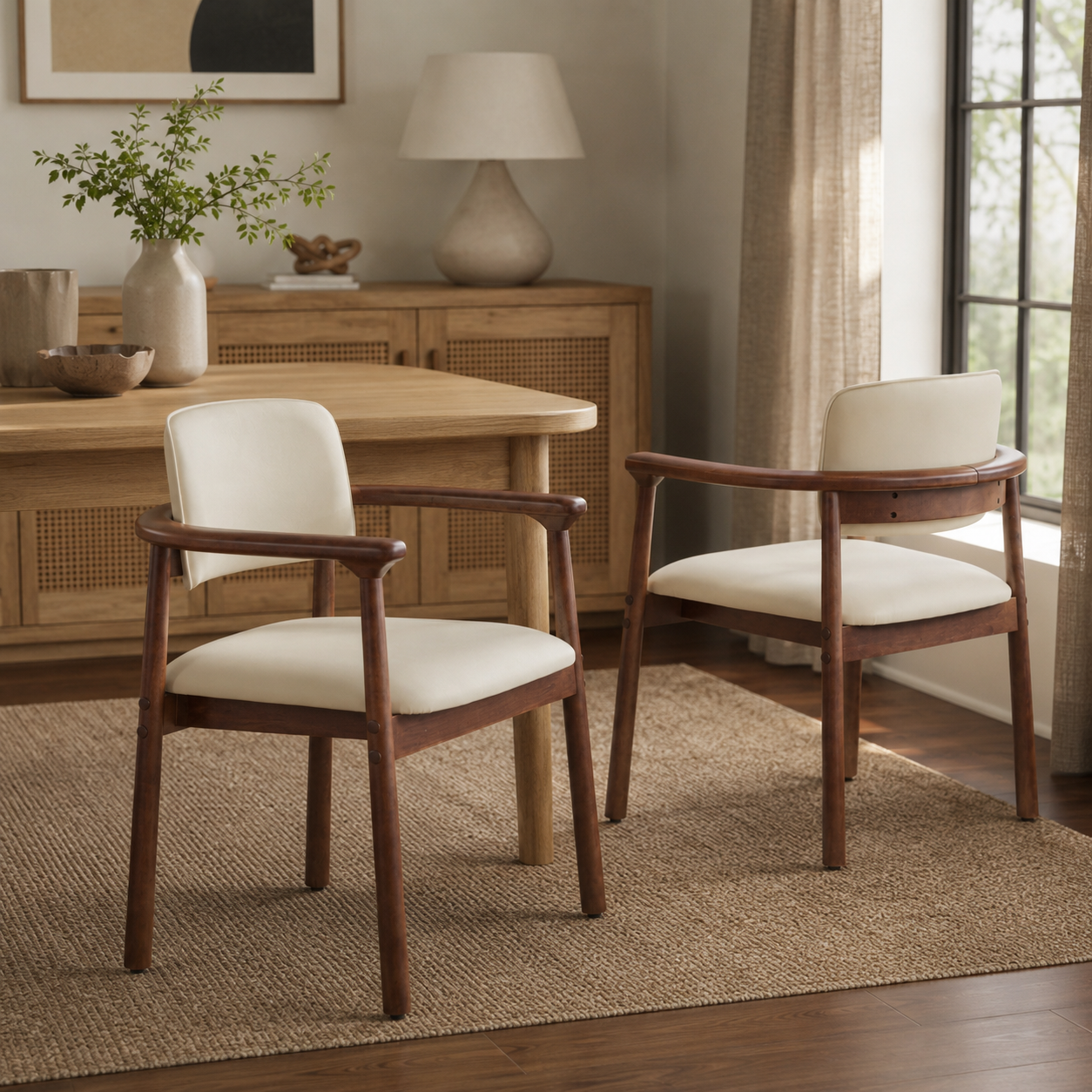 Durance Upholstered Dining Chairs with Curved Rubberwood Arms Set of 2