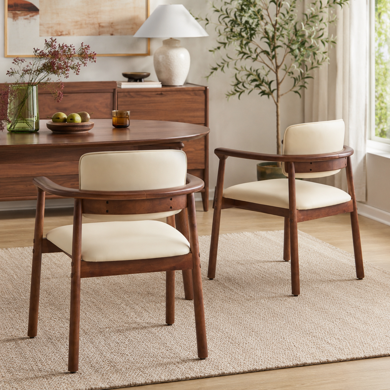 Durance Upholstered Dining Chairs with Curved Rubberwood Arms Set of 2