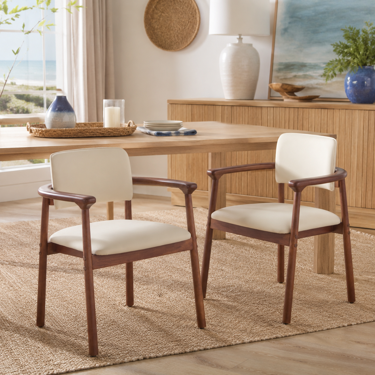 Durance Upholstered Dining Chairs with Curved Rubberwood Arms Set of 2