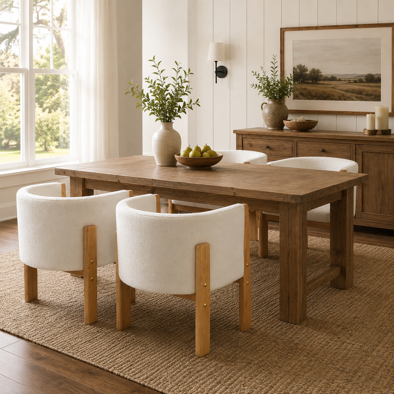 Soca Boucle Upholstered Dining Armchairs with Solid Rubberwood Post Frame Set of 2
