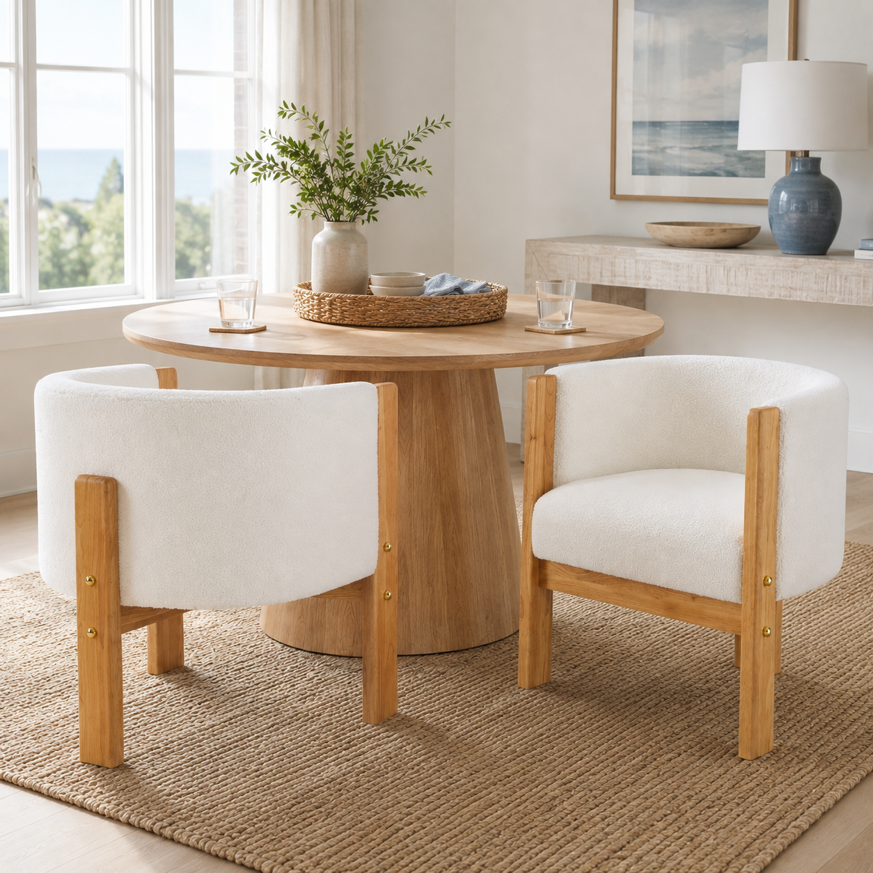 Soca Boucle Upholstered Dining Armchairs with Solid Rubberwood Post Frame Set of 2