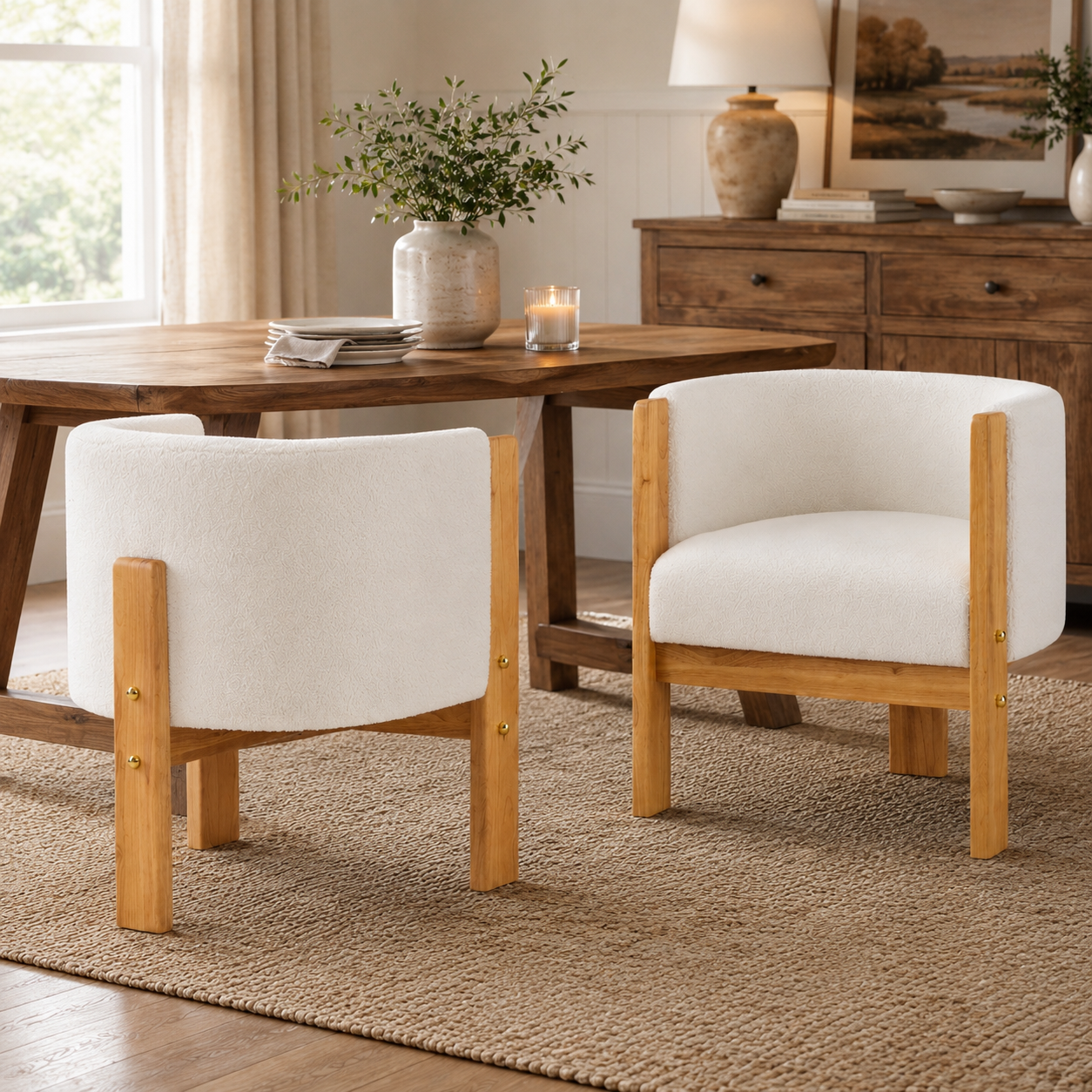 Soca Boucle Upholstered Dining Armchairs with Solid Rubberwood Post Frame Set of 2