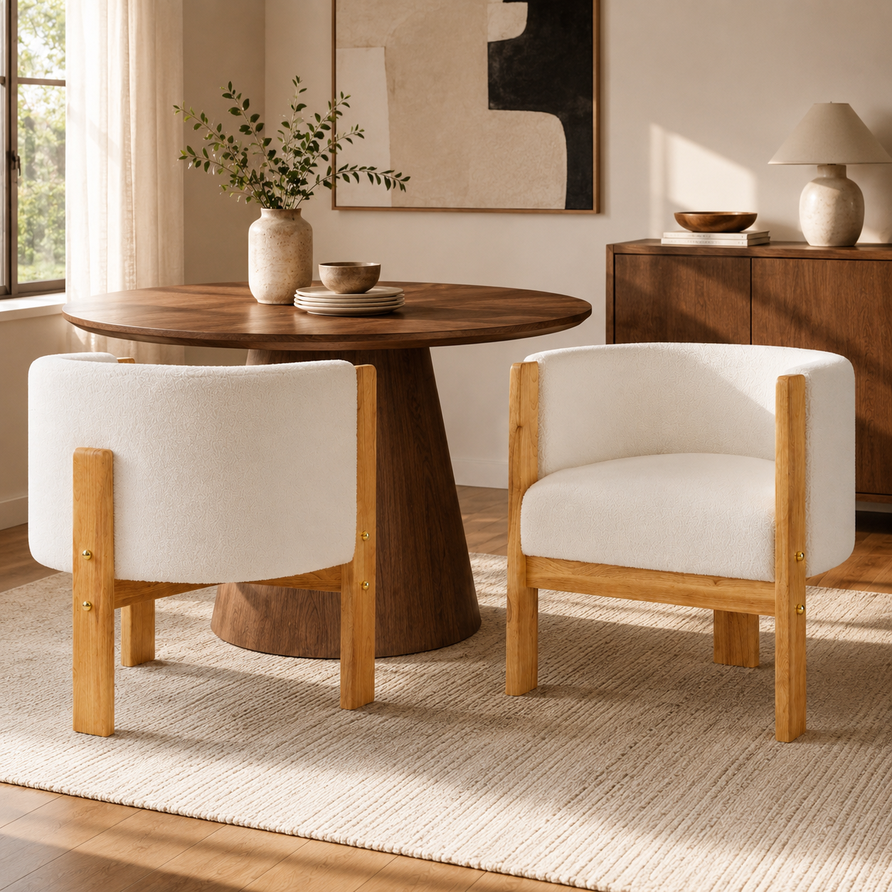 Soca Boucle Upholstered Dining Armchairs with Solid Rubberwood Post Frame Set of 2