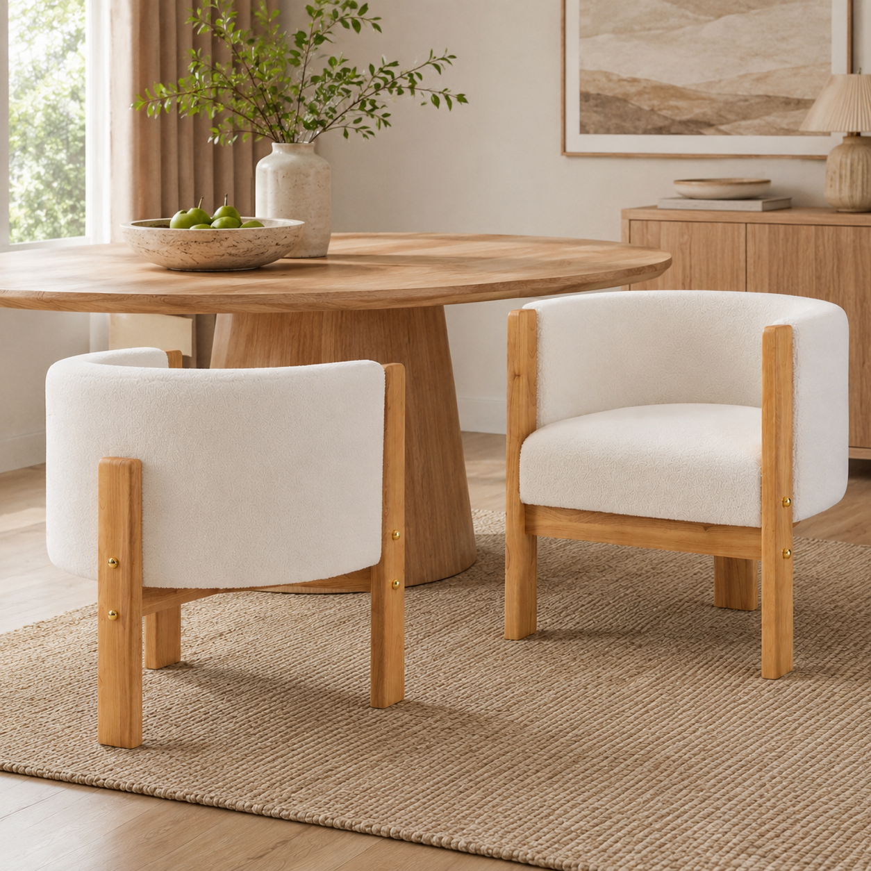 Soca Boucle Upholstered Dining Armchairs with Solid Rubberwood Post Frame Set of 2