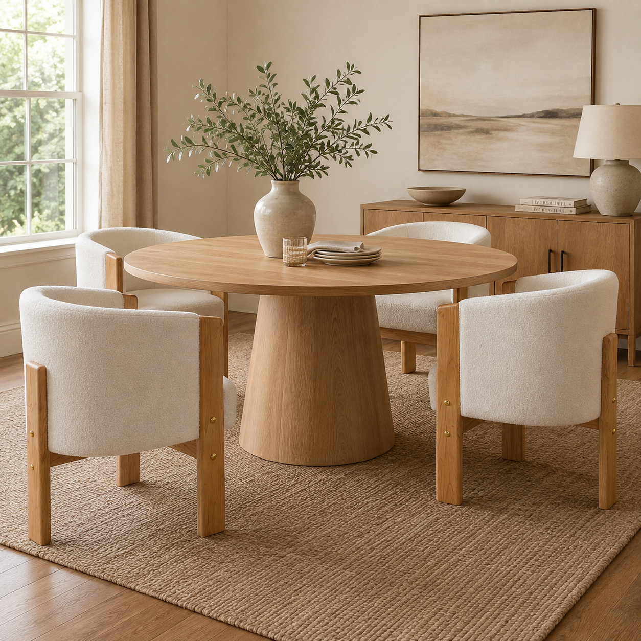 Soca Boucle Upholstered Dining Armchairs with Solid Rubberwood Post Frame Set of 2