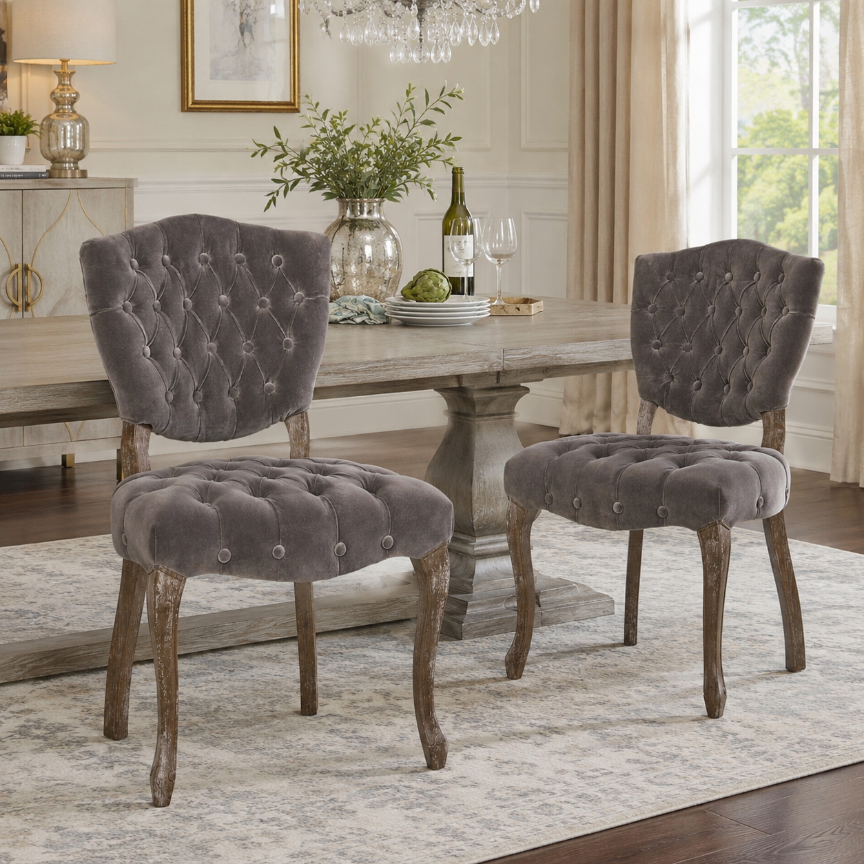 Prespa Tufted Velvet Dining Chairs with Solid Wood Legs Set of 2