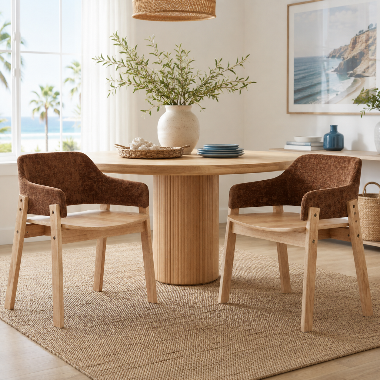 Mjosa Upholstered Arm Dining Chairs with Contoured Wood Seat Set of 2