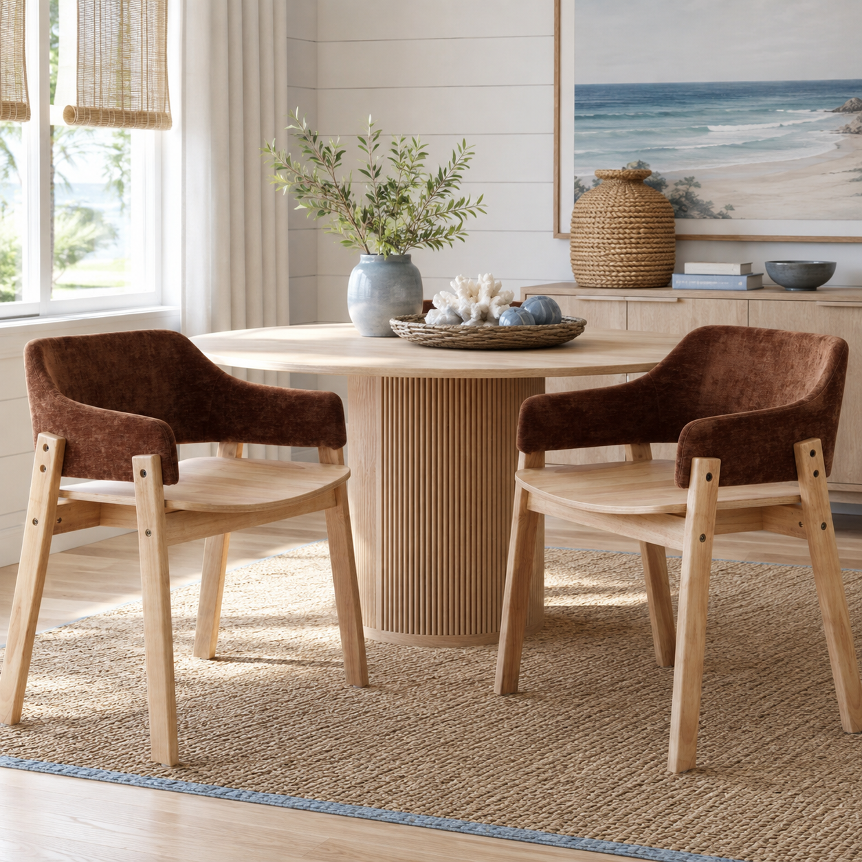 Mjosa Upholstered Arm Dining Chairs with Contoured Wood Seat Set of 2