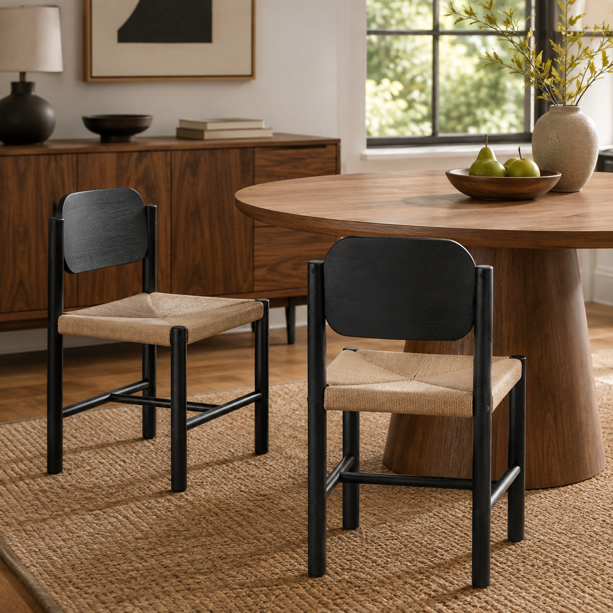 Arve Armless Paper Cord Dining Chairs with Shaped Wood Back Set of 2