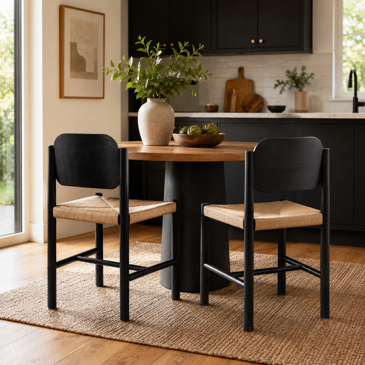 Arve Armless Paper Cord Dining Chairs with Shaped Wood Back Set of 2