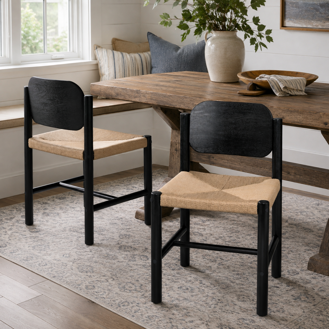 Arve Armless Paper Cord Dining Chairs with Shaped Wood Back Set of 2