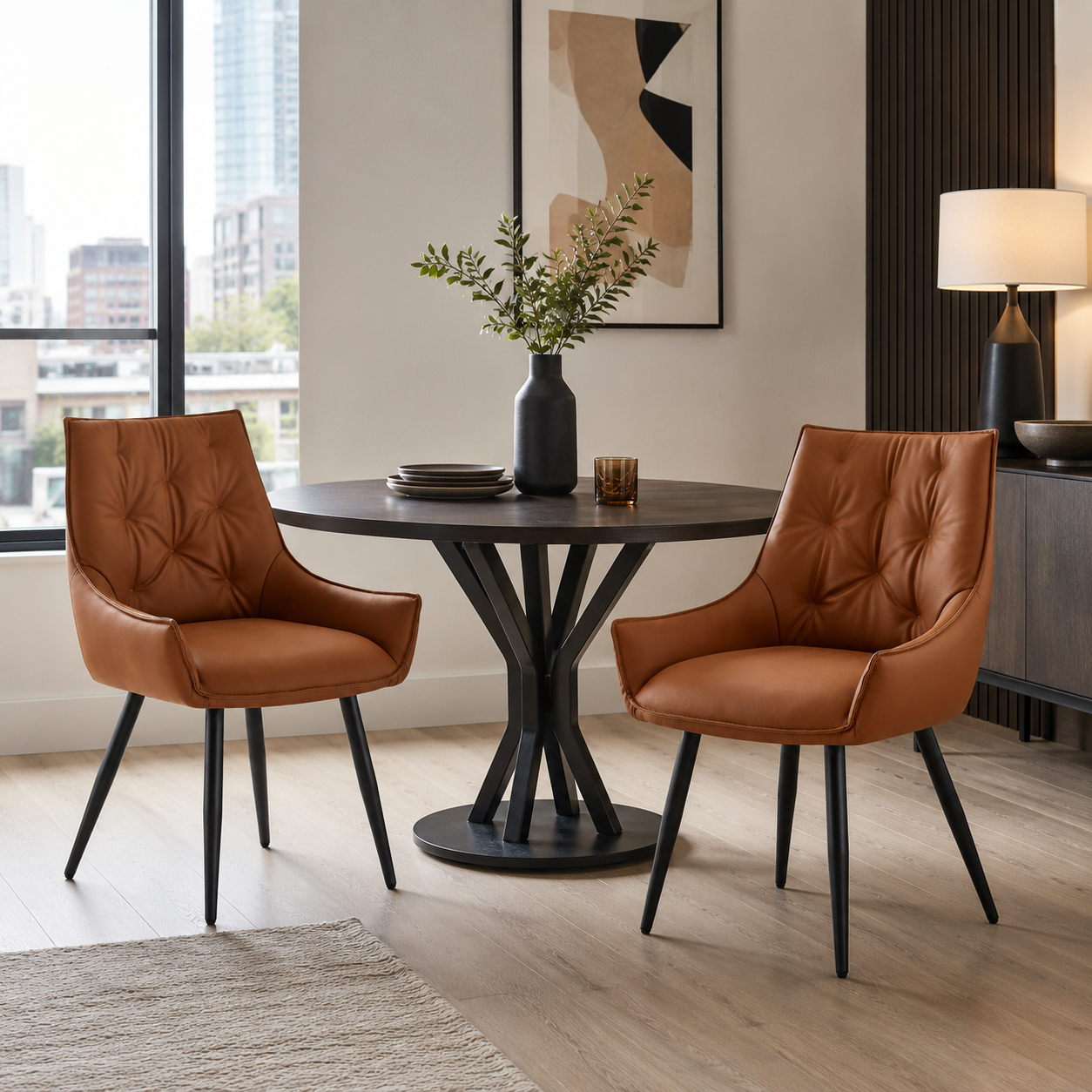 Drina Tufted Faux Leather Dining Chairs with Winged Sides Set of 2