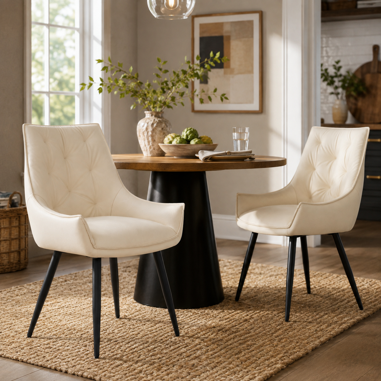 Drina Tufted Faux Leather Dining Chairs with Winged Sides Set of 2