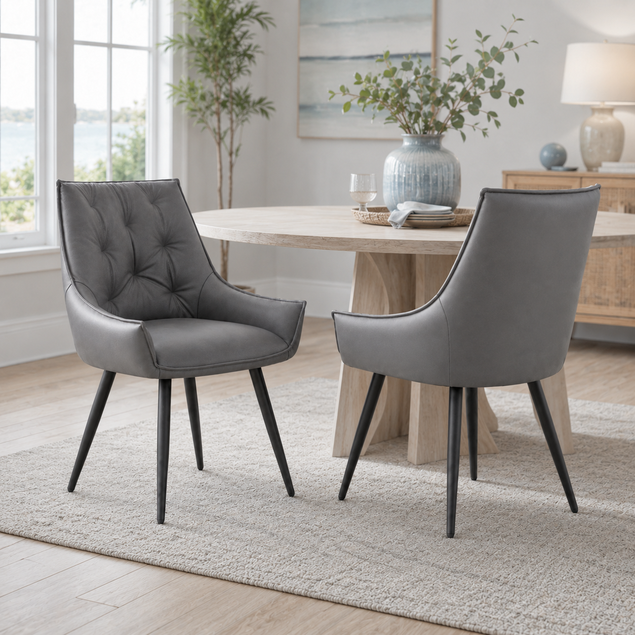 Drina Tufted Faux Leather Dining Chairs with Winged Sides Set of 2