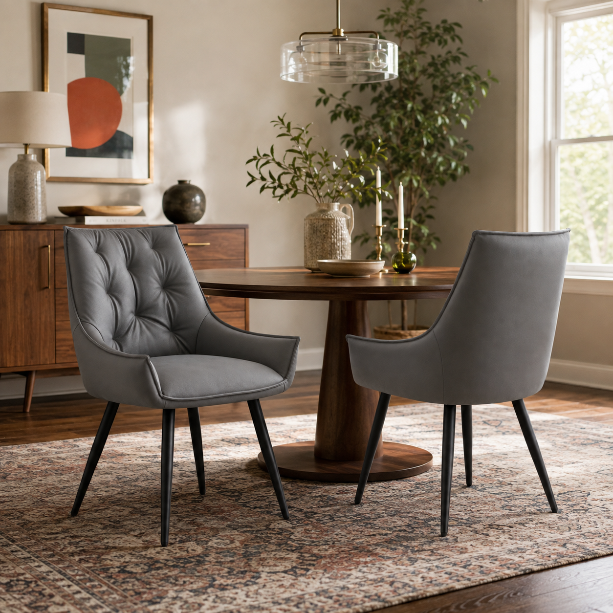 Drina Tufted Faux Leather Dining Chairs with Winged Sides Set of 2