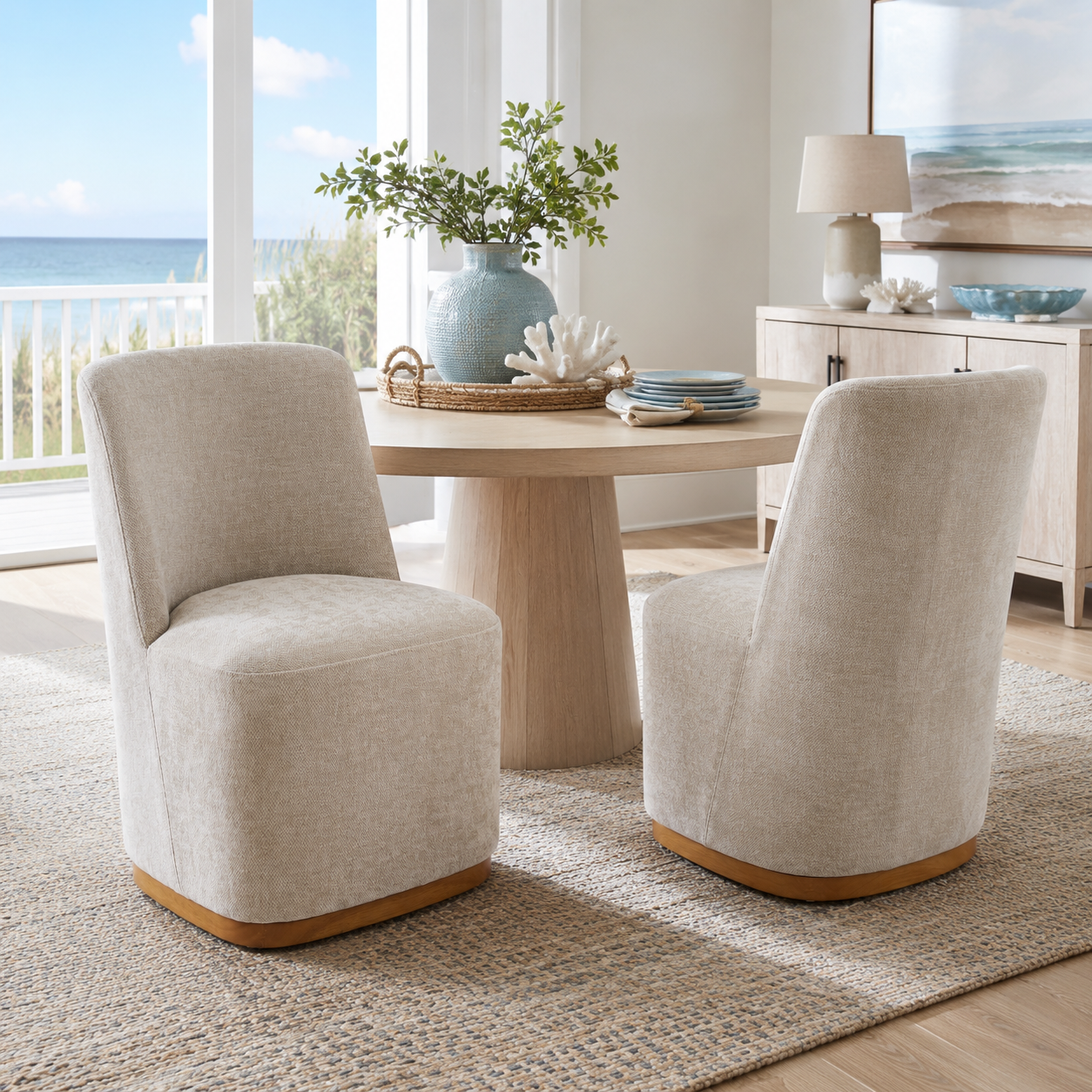 Neretva Chenille Dining Chairs with Wood Plinth Base Set of 2