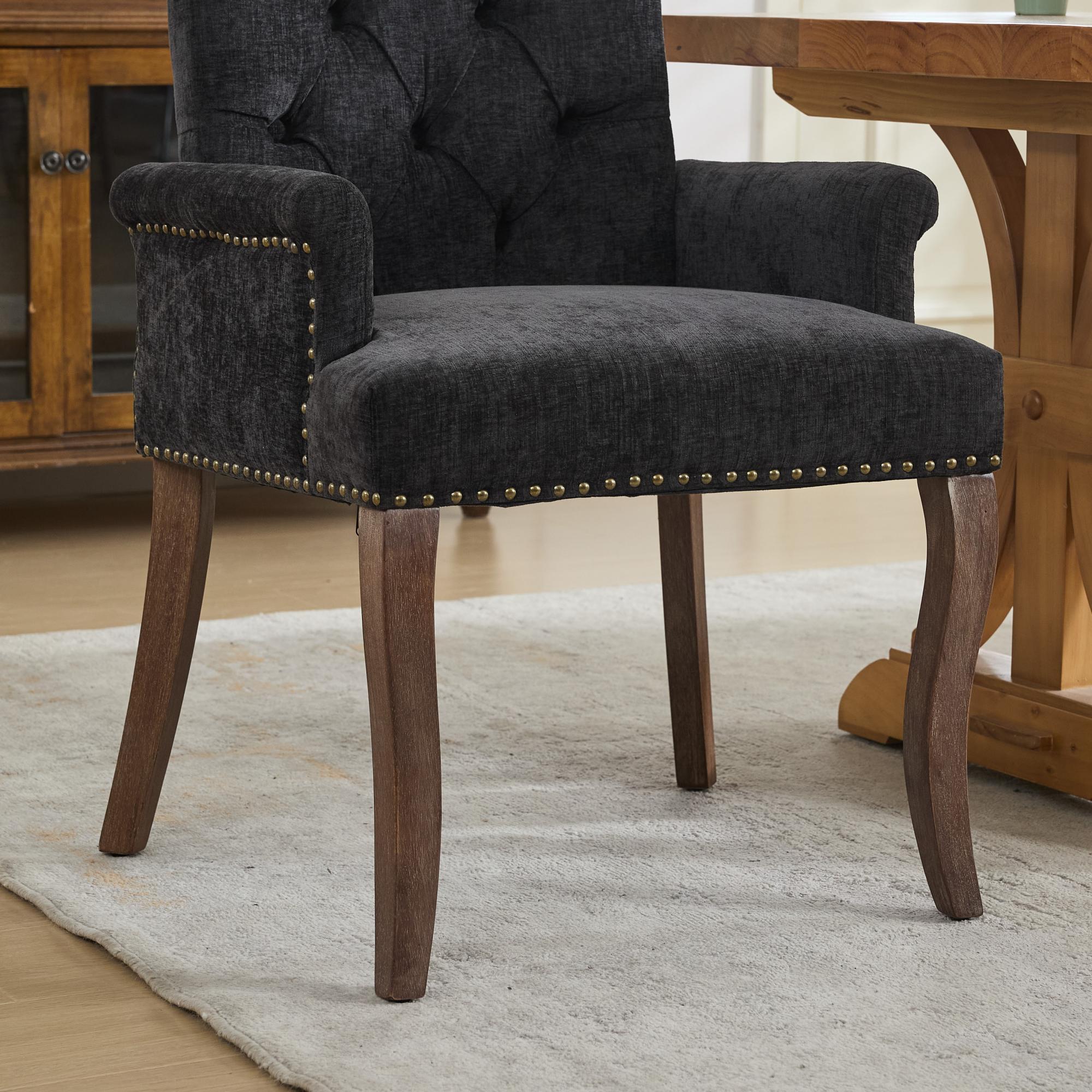 Sarine Chenille Tufted Dining Chair with Roll Top Back and Curved Wood Legs