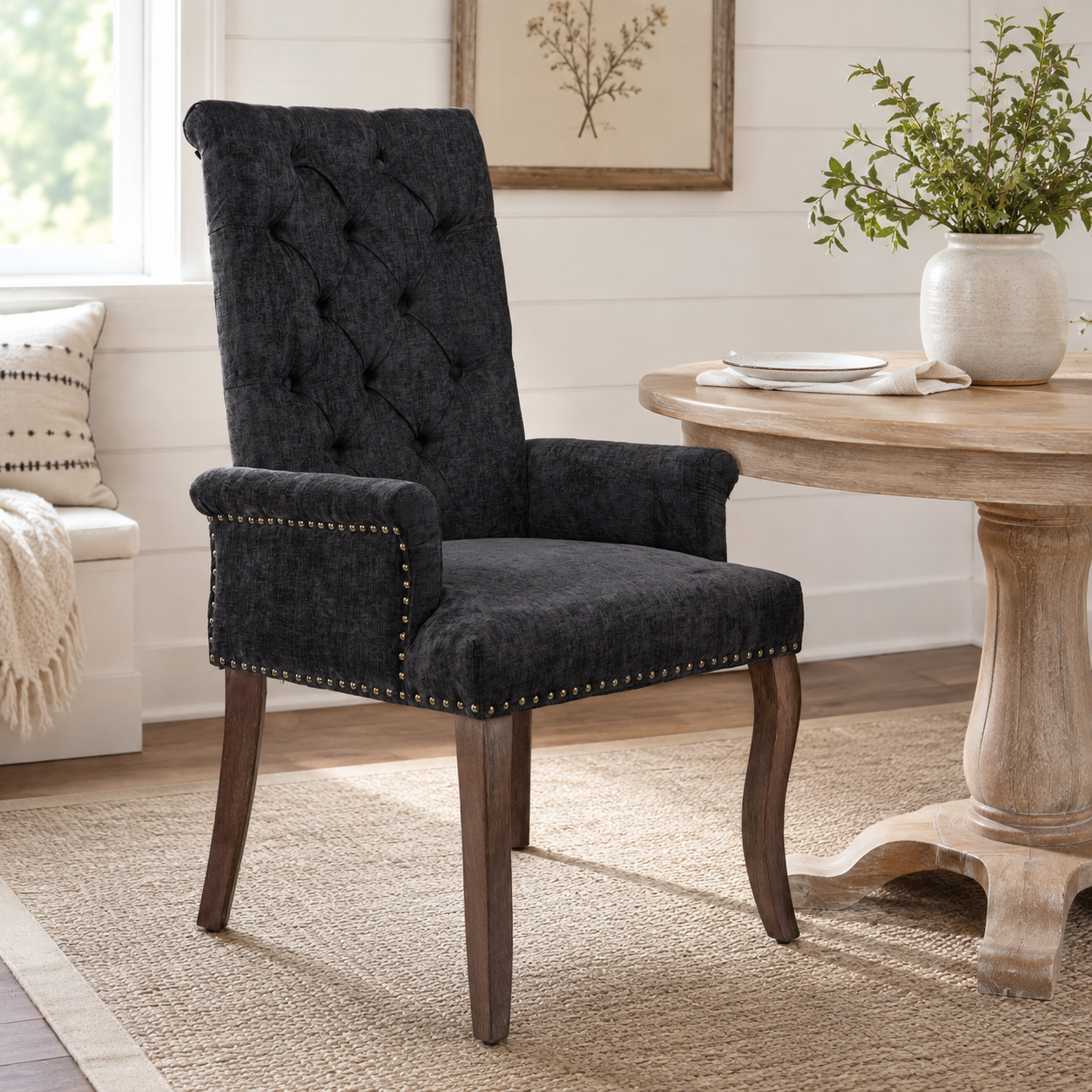 Sarine Chenille Tufted Dining Chair with Roll Top Back and Curved Wood Legs