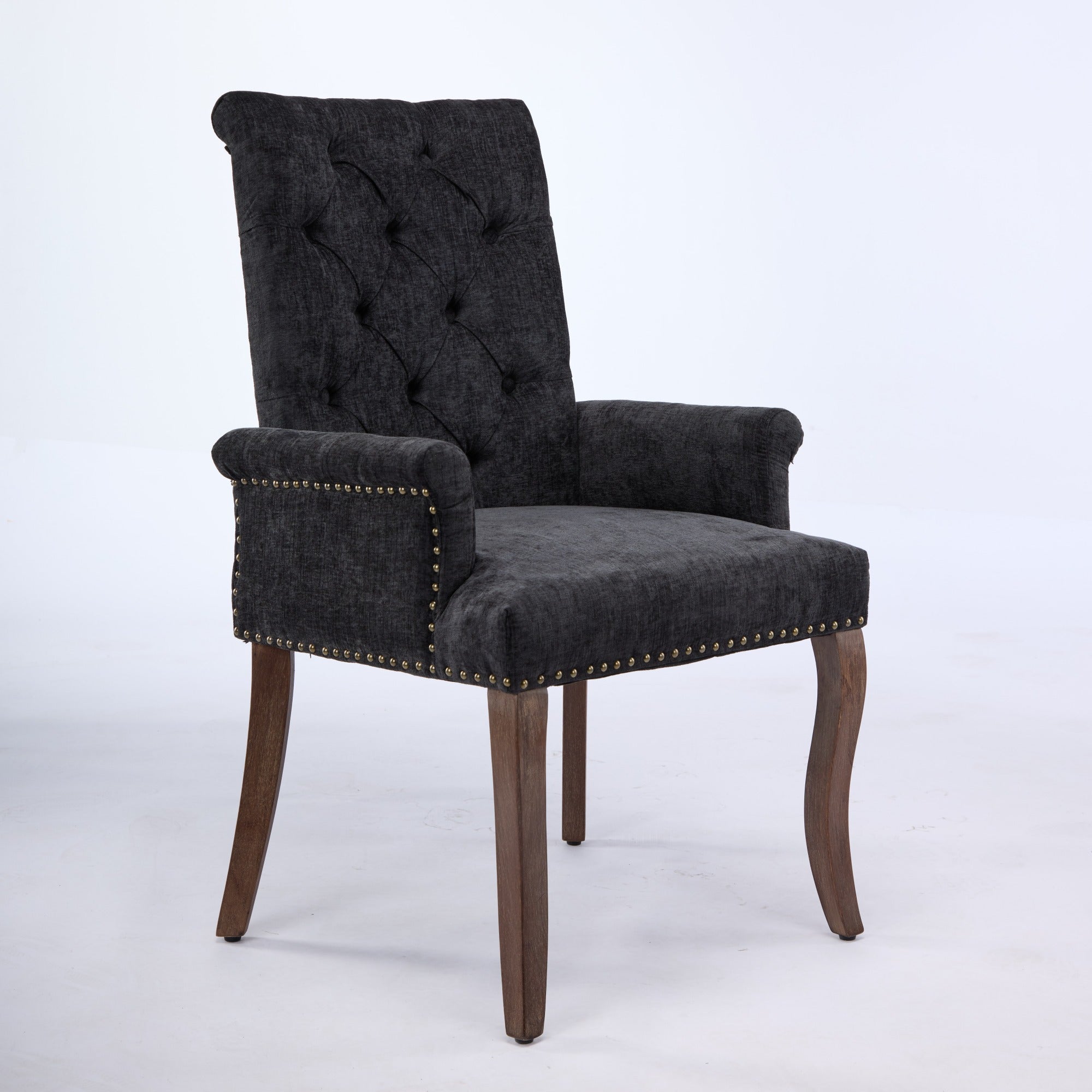 Sarine Chenille Tufted Dining Chair with Roll Top Back and Curved Wood Legs