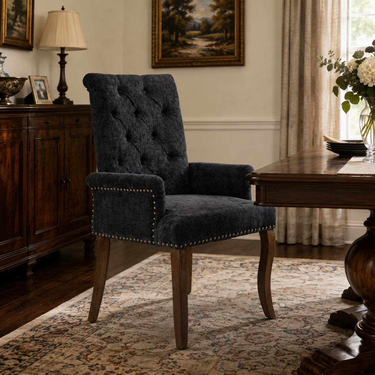 Sarine Chenille Tufted Dining Chair with Roll Top Back and Curved Wood Legs