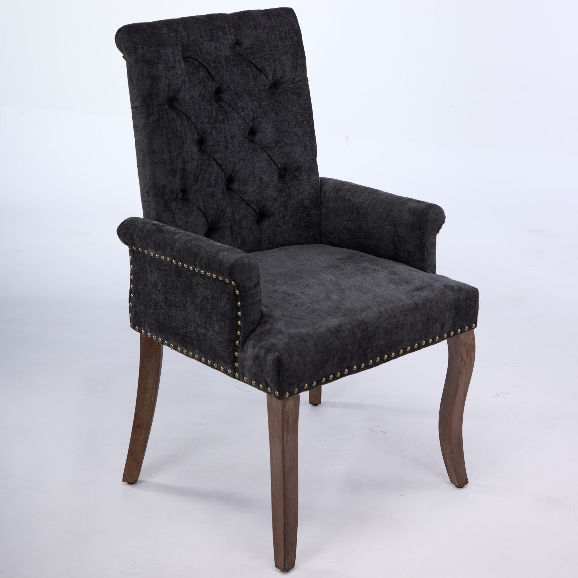Sarine Chenille Tufted Dining Chair with Roll Top Back and Curved Wood Legs