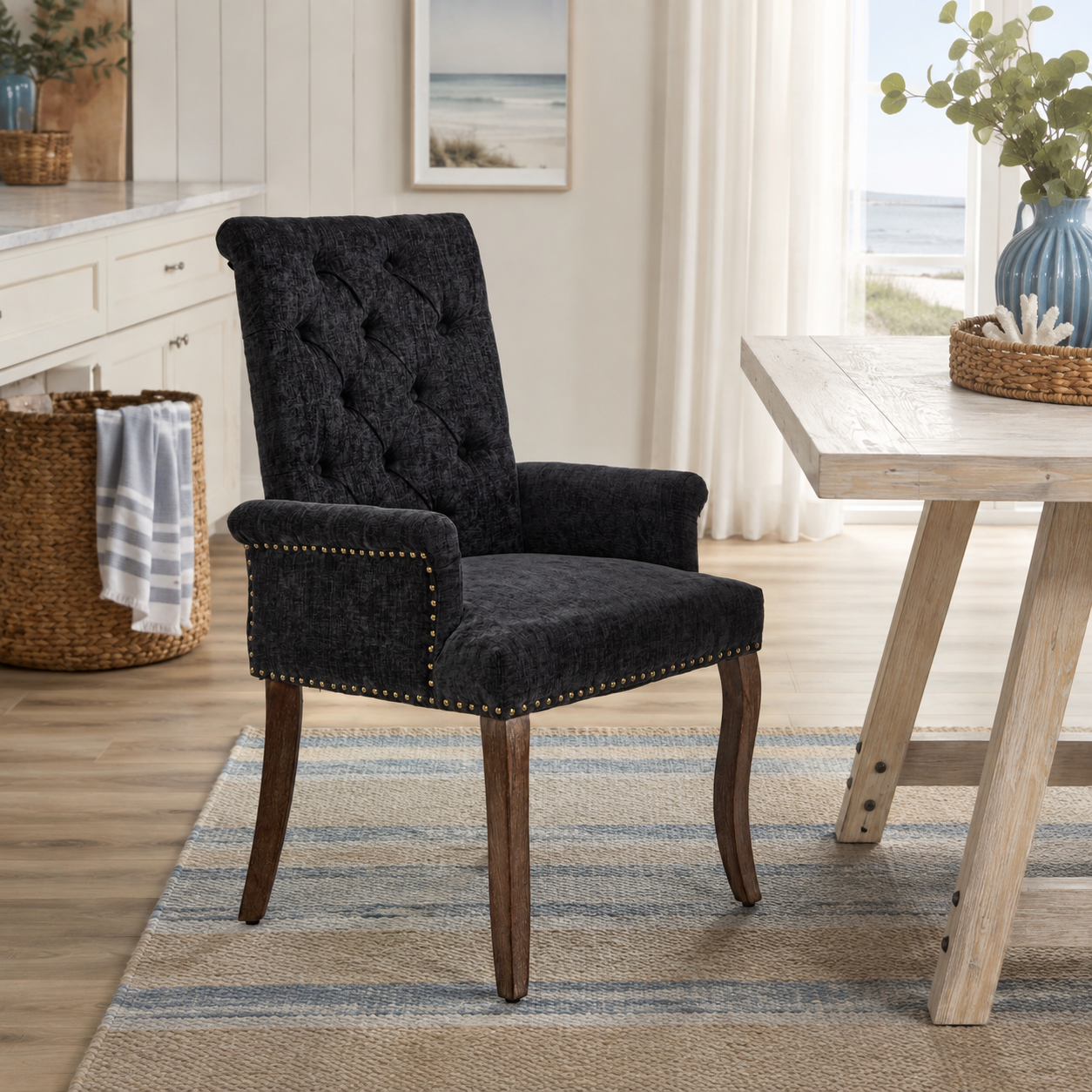 Sarine Chenille Tufted Dining Chair with Roll Top Back and Curved Wood Legs