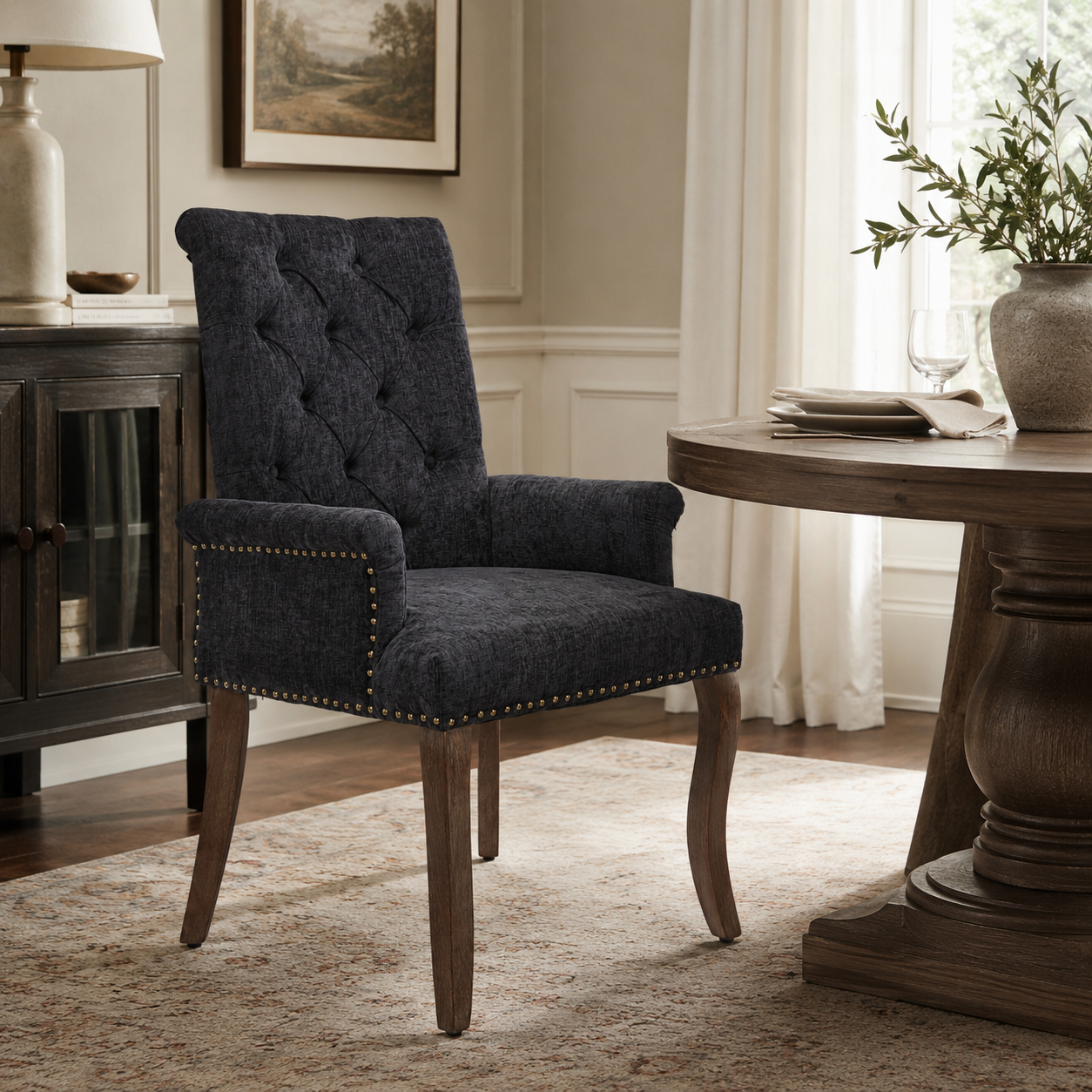 Sarine Chenille Tufted Dining Chair with Roll Top Back and Curved Wood Legs