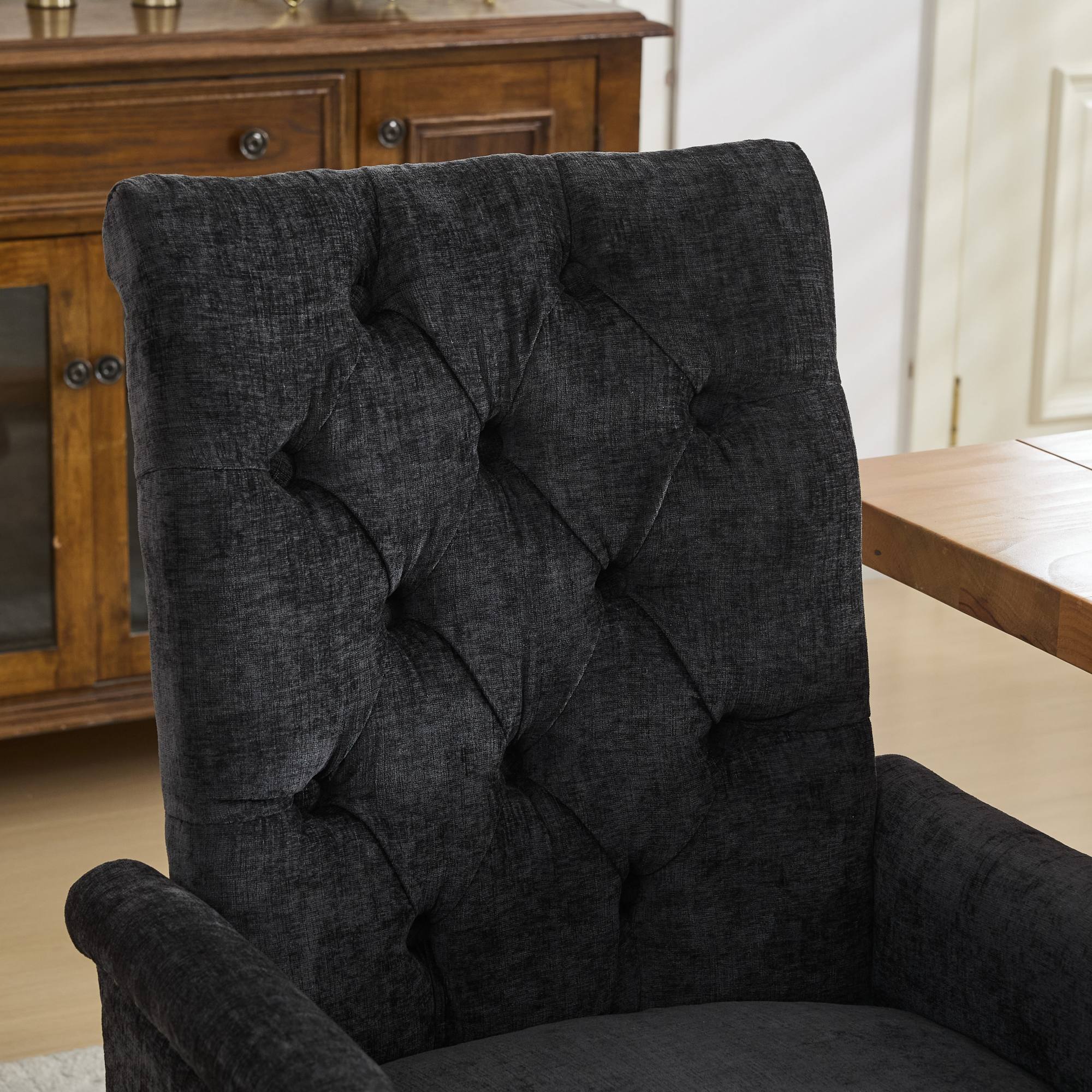 Sarine Chenille Tufted Dining Chair with Roll Top Back and Curved Wood Legs