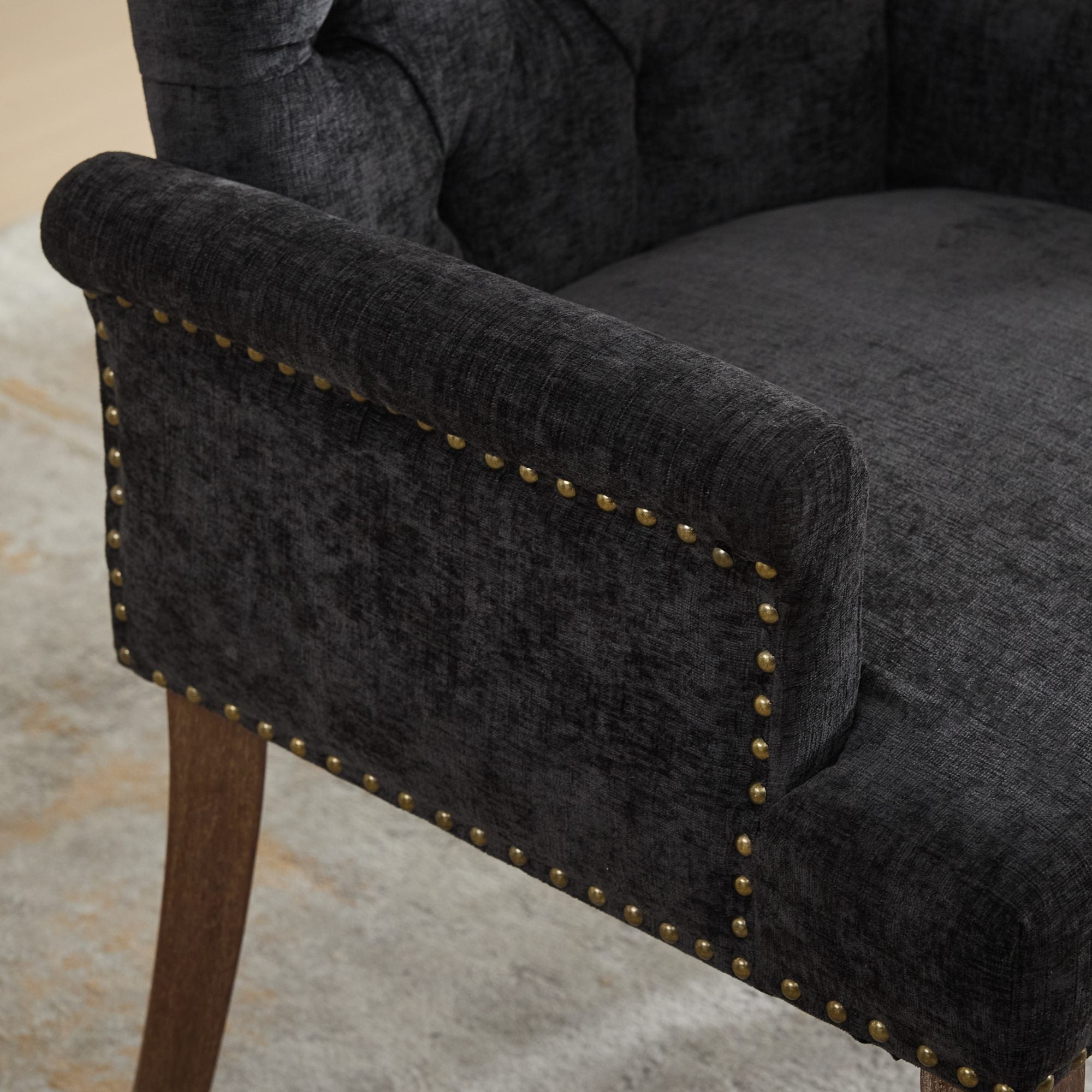 Sarine Chenille Tufted Dining Chair with Roll Top Back and Curved Wood Legs