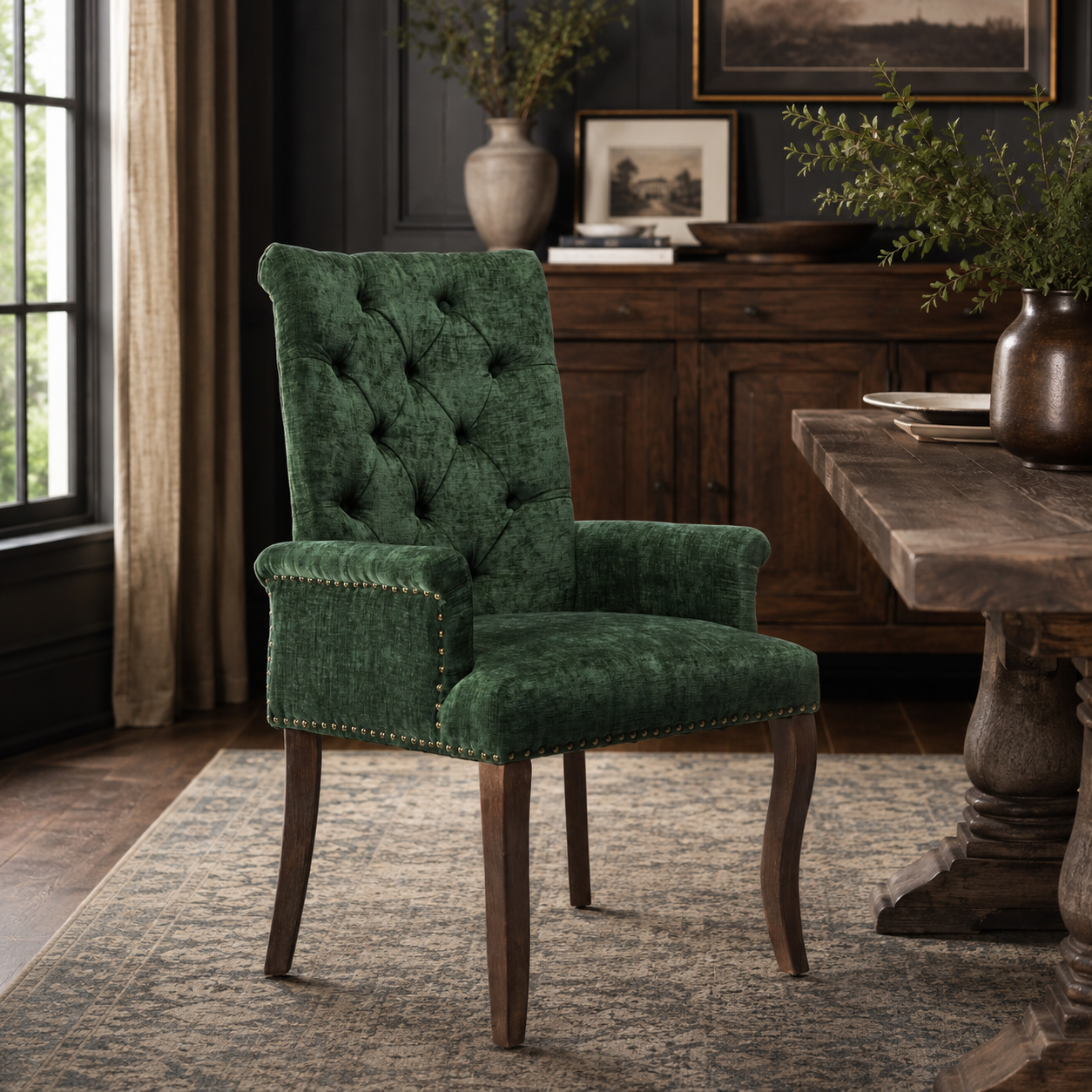 Sarine Chenille Tufted Dining Chair with Roll Top Back and Curved Wood Legs